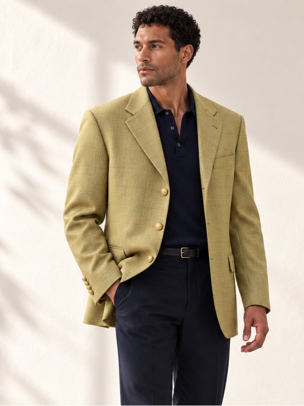 Bäumler Chartreuse Plaid Wool Rusty Red Blazer 3 Gold Crest Buttons US 42R IT 52